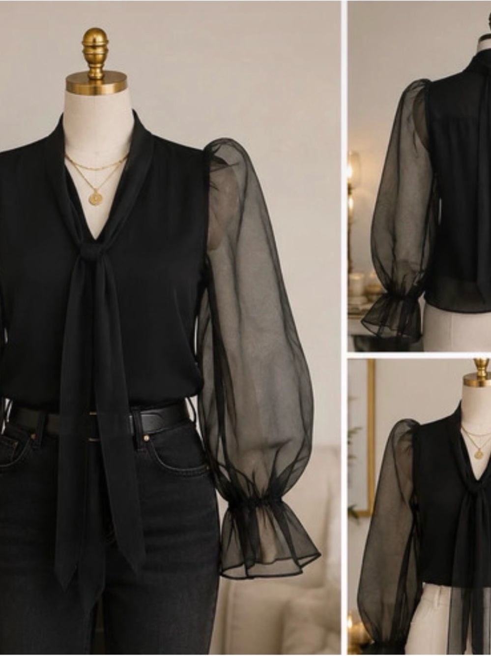 Chiffon Tie-Neck Blouse with Sheer Puff Sleeves - Black